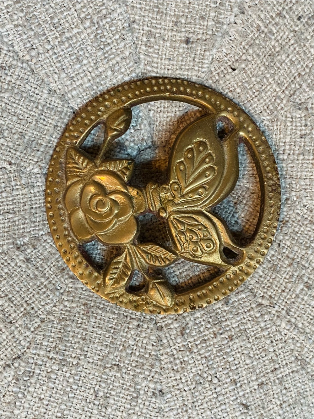 VTG Brass Paperweight Rose Flower & Butterfly Round Footed